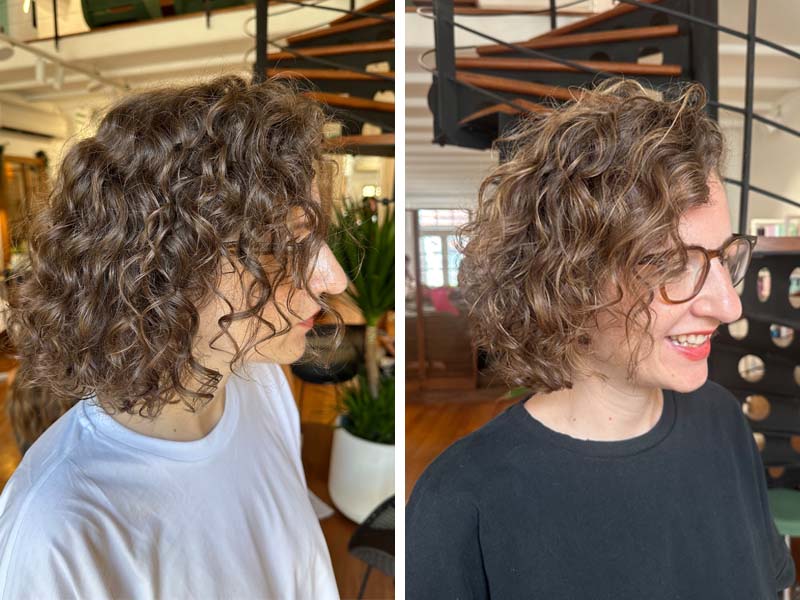Curly hair cut and colour, before and after